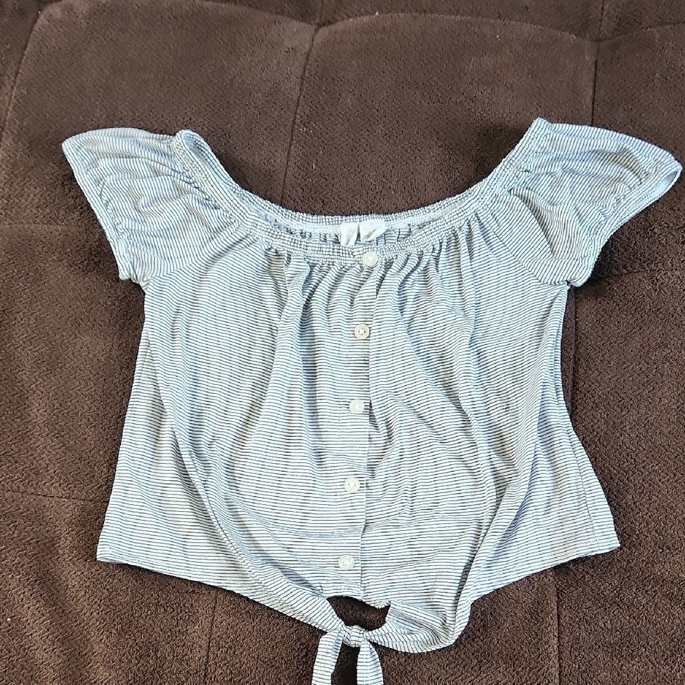 Sky and Sparrow Blue Striped Off-Shoulder Blouse